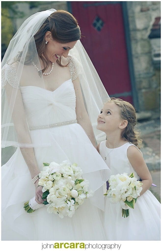 A woman in a white dress and a little girl in a white dress.