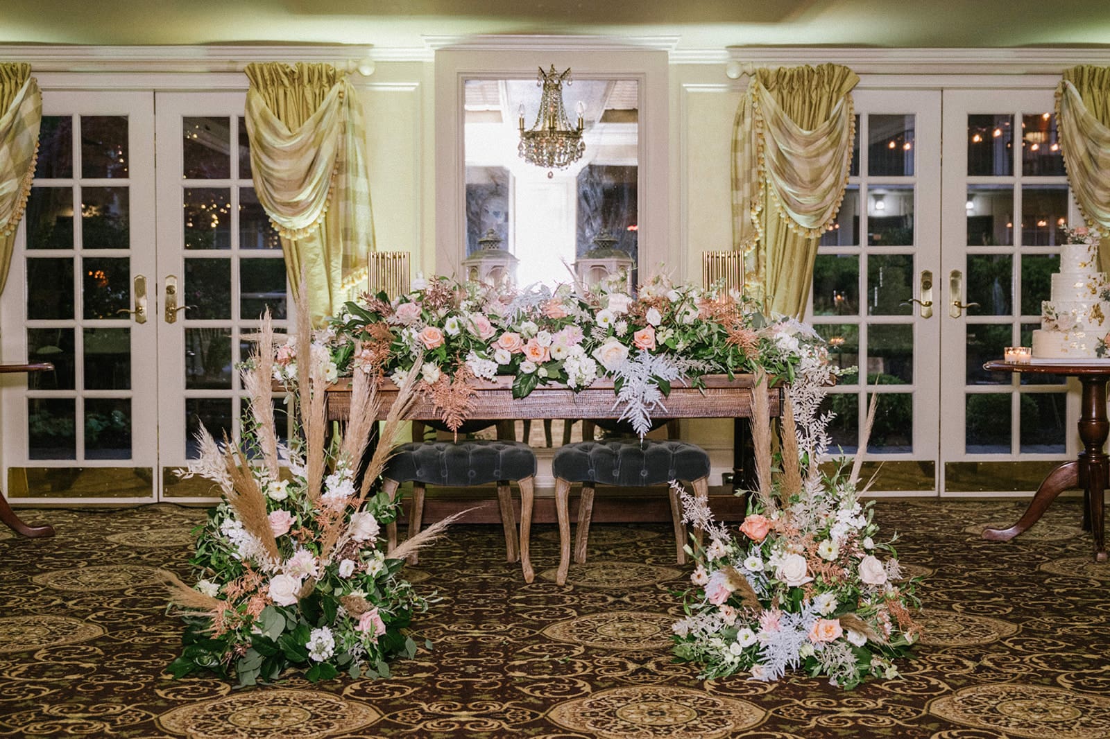 A wedding table set up with flowers and flowers.