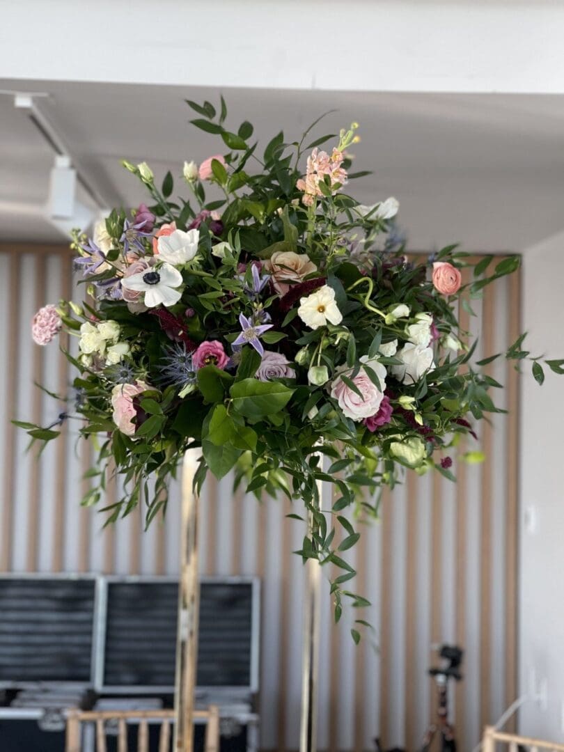 A stunning floral arrangement on a wedding table.