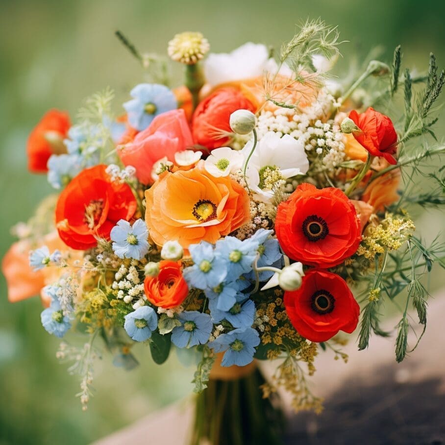 A bouquet of orange and blue flowers on a wooden table.
