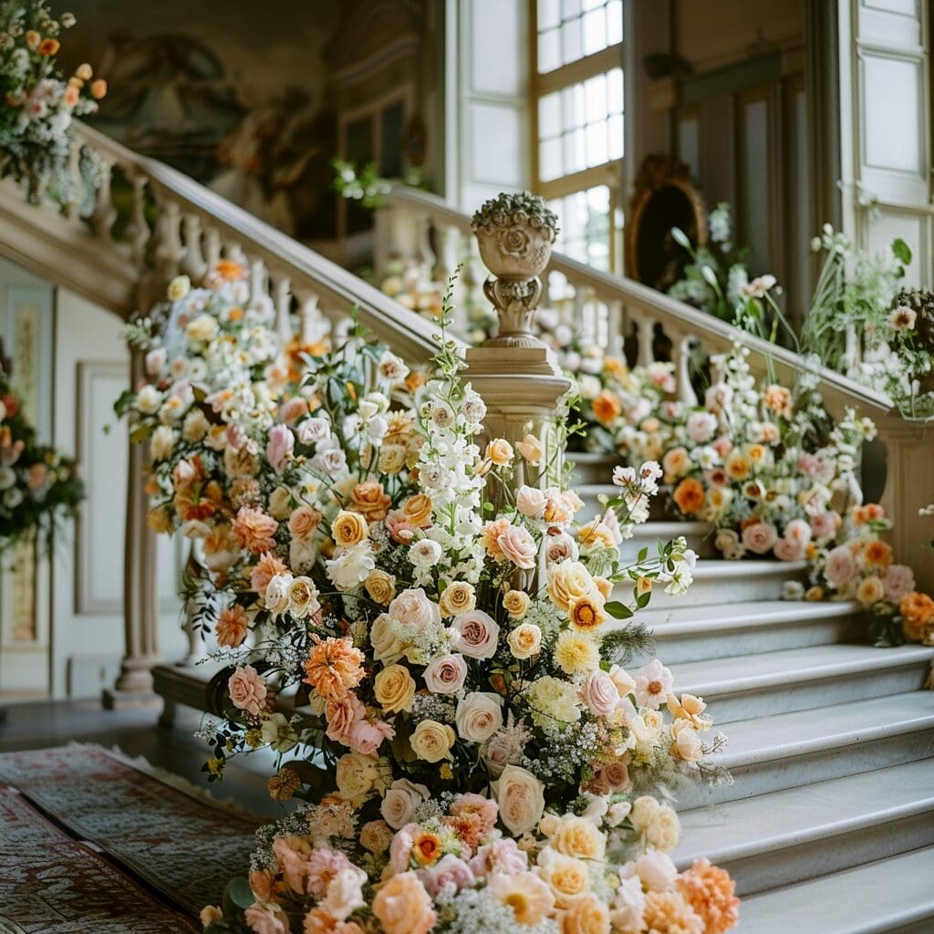 Beautiful white flowers on stairs